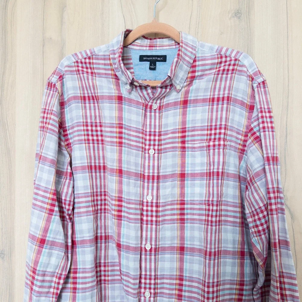Banana Republic Mens Linen Plaid Button Down Shirt Large Red Long Sleeve Preppy